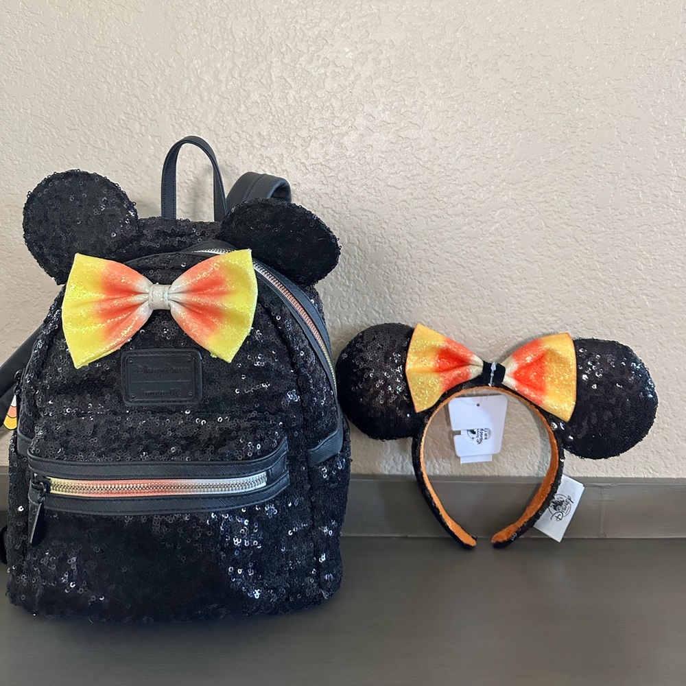 Disney Parks Loungefly Candy Corn backpack with matching Candy Corn Mouse Ears